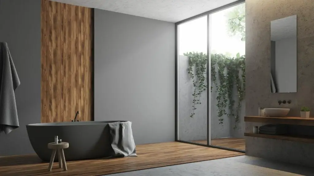 Gray bathroom with large window