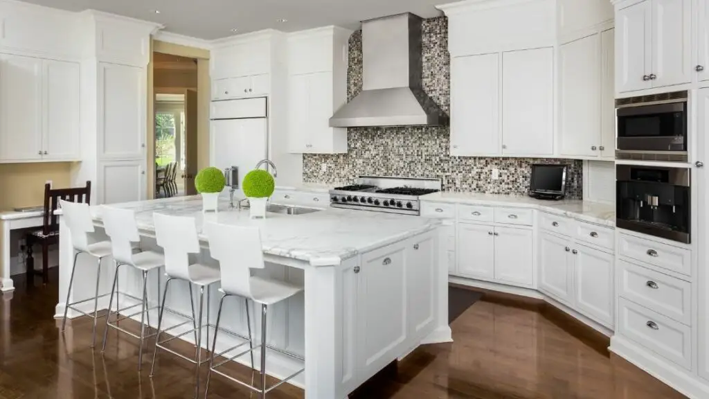 Gray Mosaic Tile Kitchen Backsplash White Cabinets