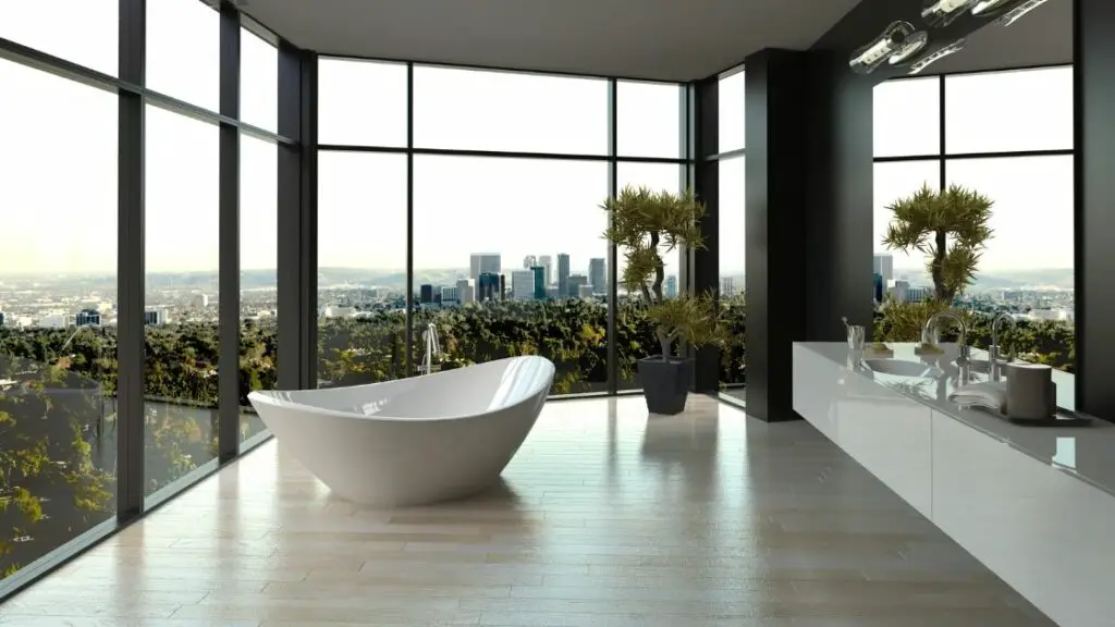 Large Luxury Bathroom With City and Forest View