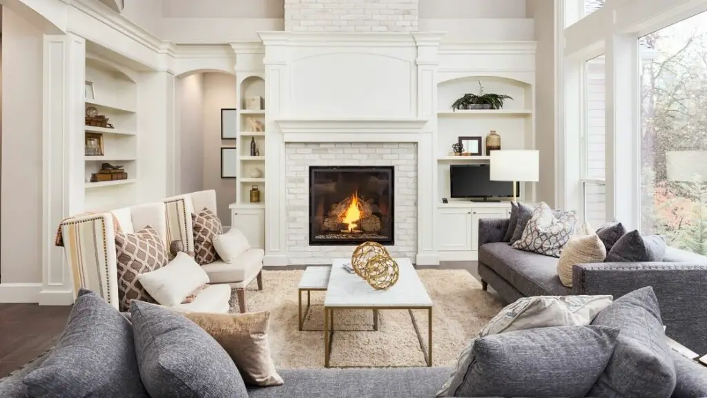 Modern White Luxury Living Room With Fireplace