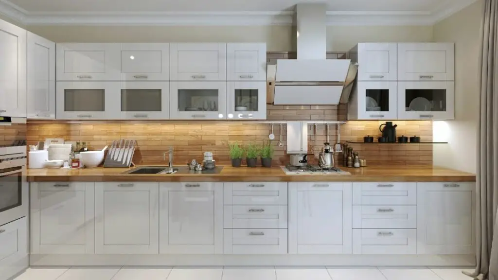 Wood tile Kitchen Backsplash White Cabinets