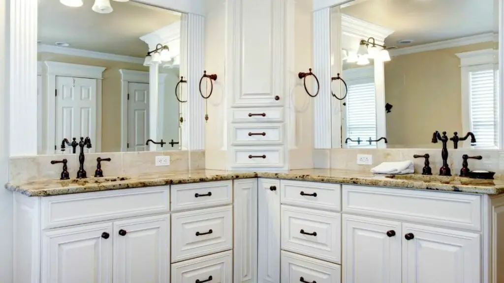 corner bathroom cabinet that sits on the countertop