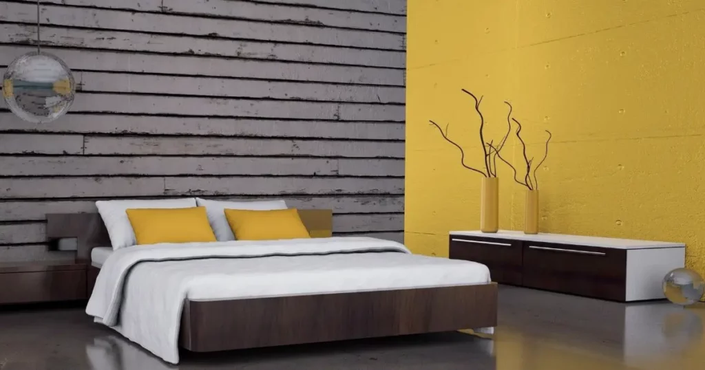 Black Bed with yellow walls
